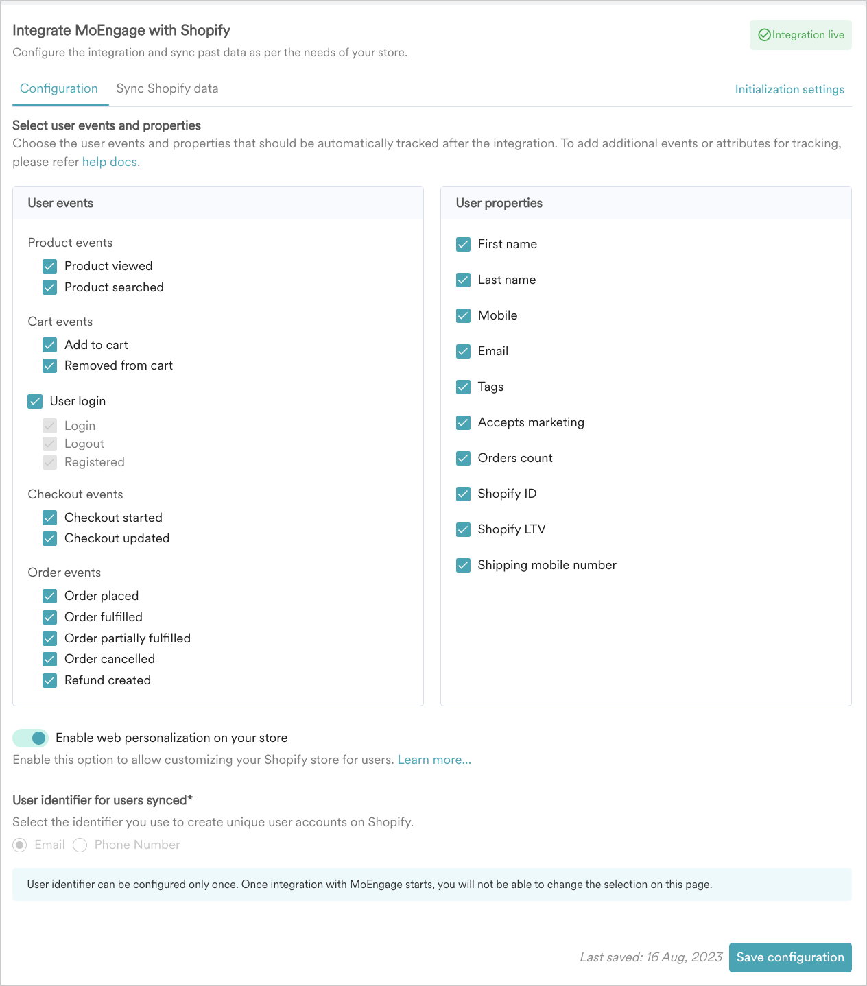 Configuration screen in the MoEngage Shopify app