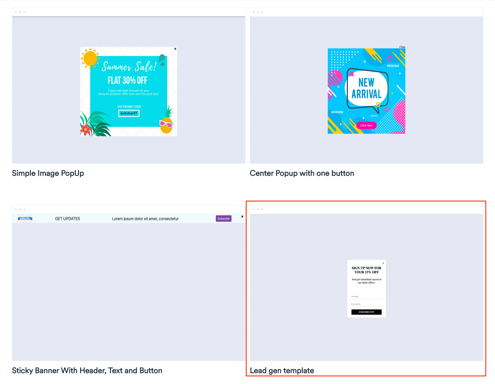 Screenshot showing Lead Gen template selection.