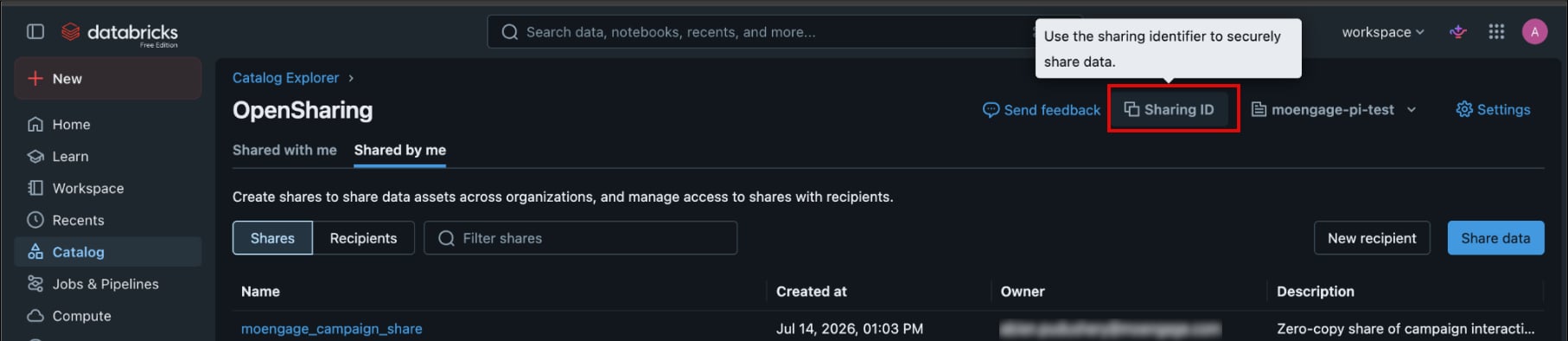 Databricks OpenSharing page with the Sharing ID button highlighted