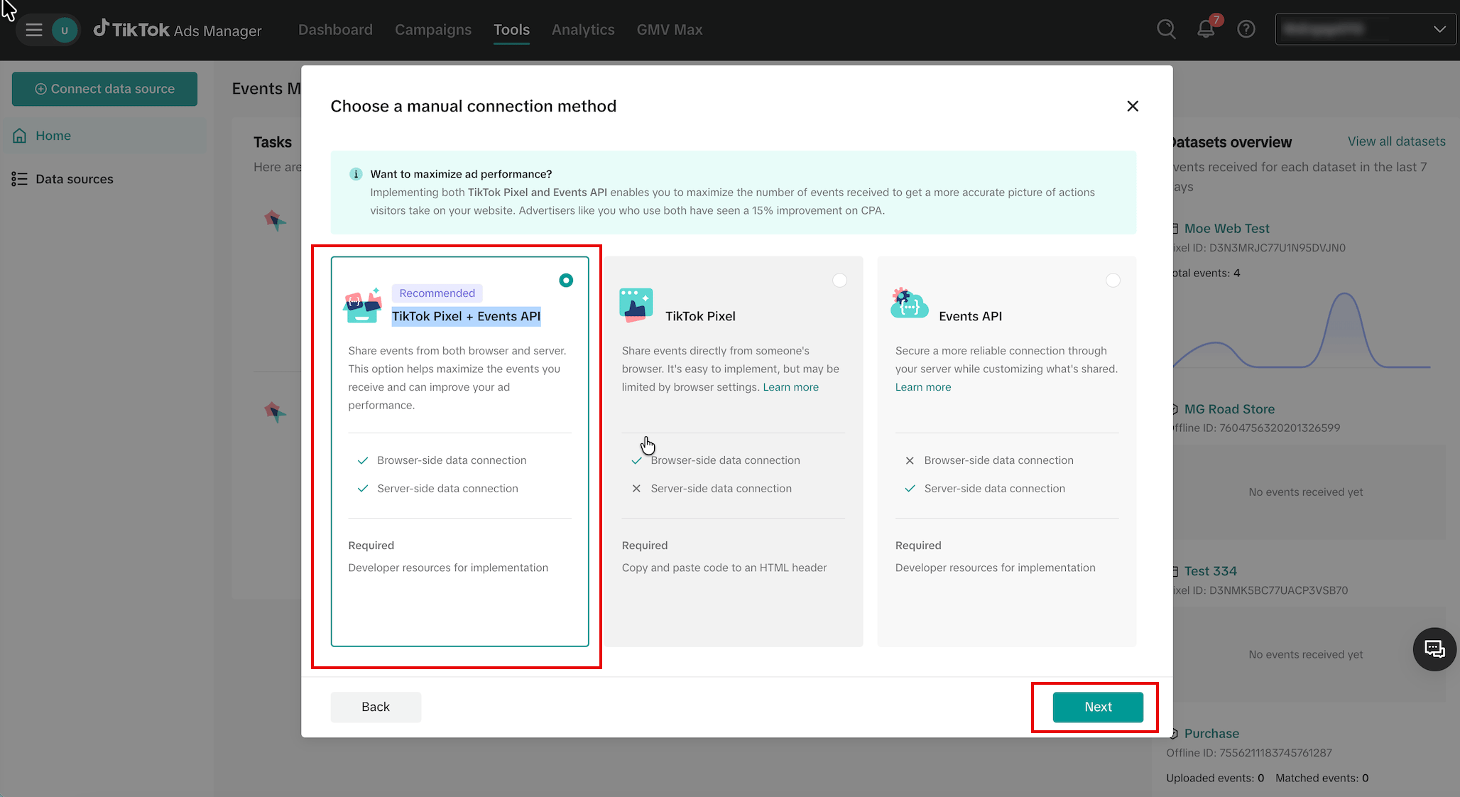In the Choose a manual connection method dialog box, click TikTok Pixel + Events API (Recommended) and then cl