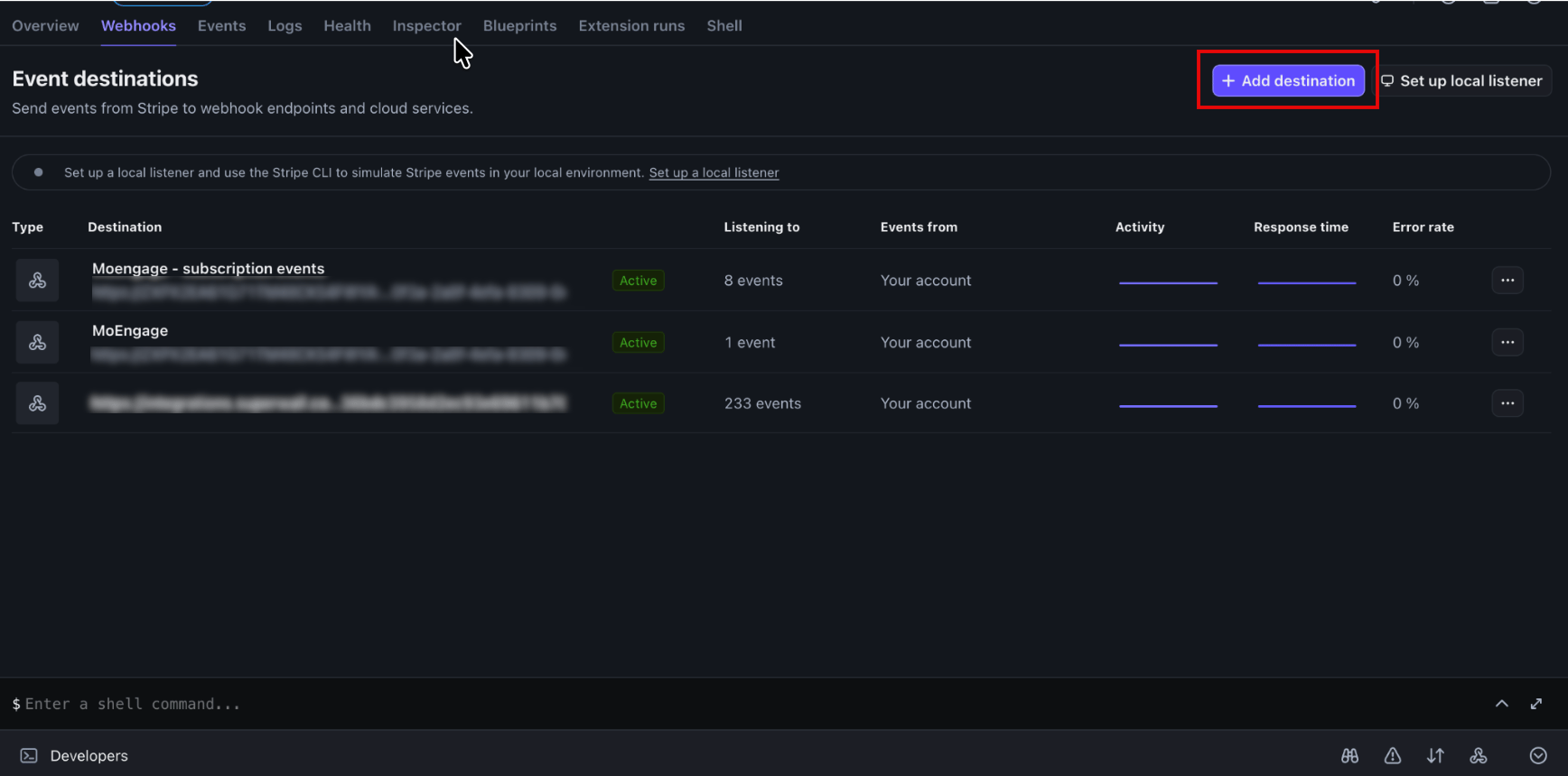 Stripe Event destinations page with the Add destination button highlighted