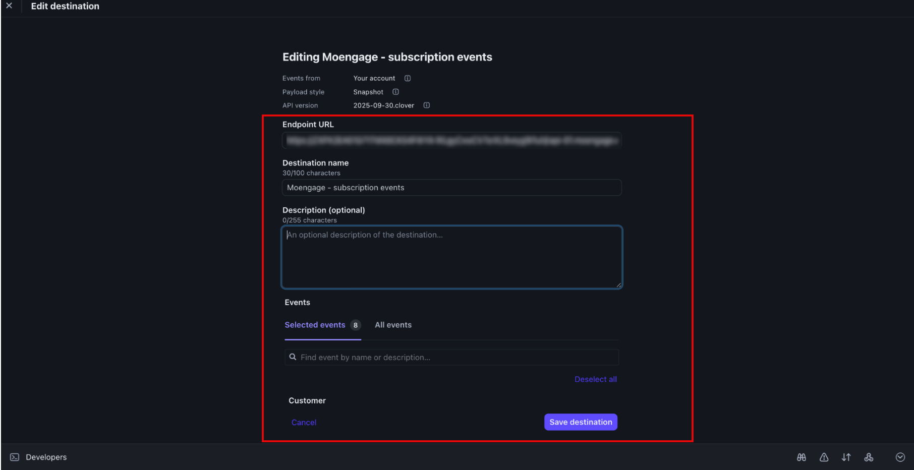 Stripe Configure your destination screen showing the Endpoint URL and Destination name fields
