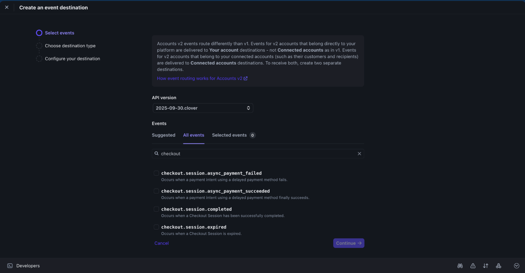Stripe Create an event destination screen with checkout events in the event search
