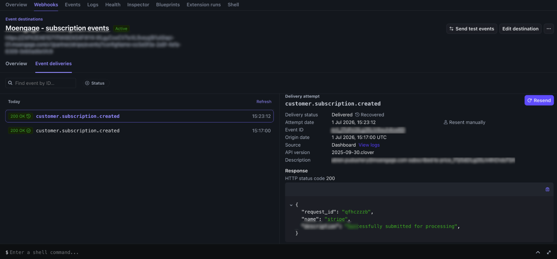 Stripe Event deliveries tab showing a 200 OK delivery and the MoEngage response body