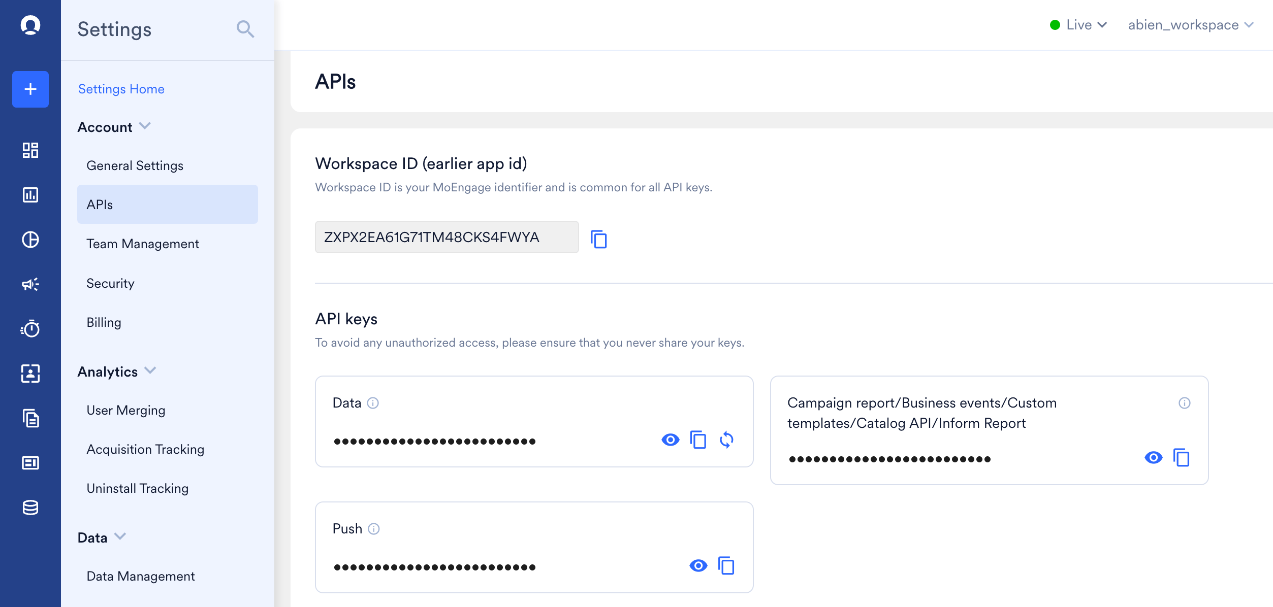 MoEngage Settings APIs page showing the Workspace ID and Data API Key fields