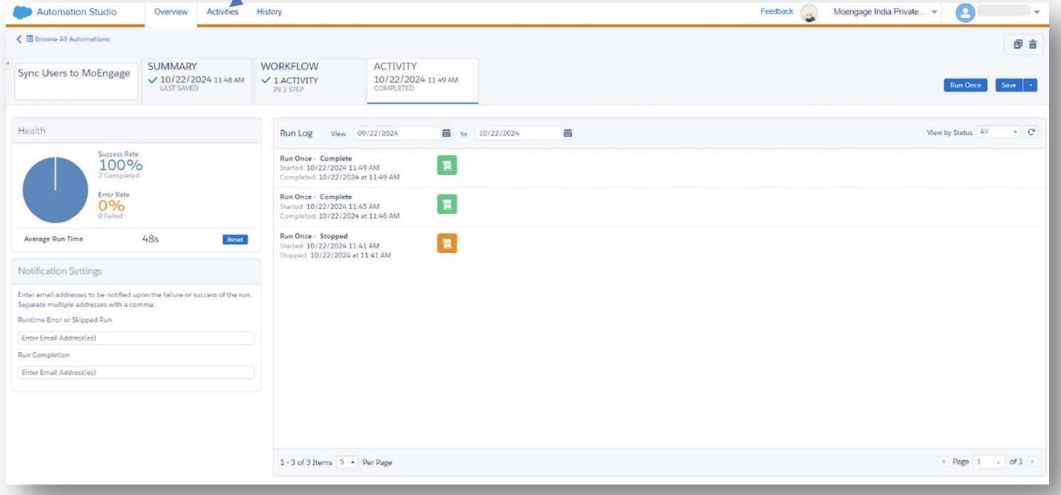 Automation Studio Activity Section showing sync logs