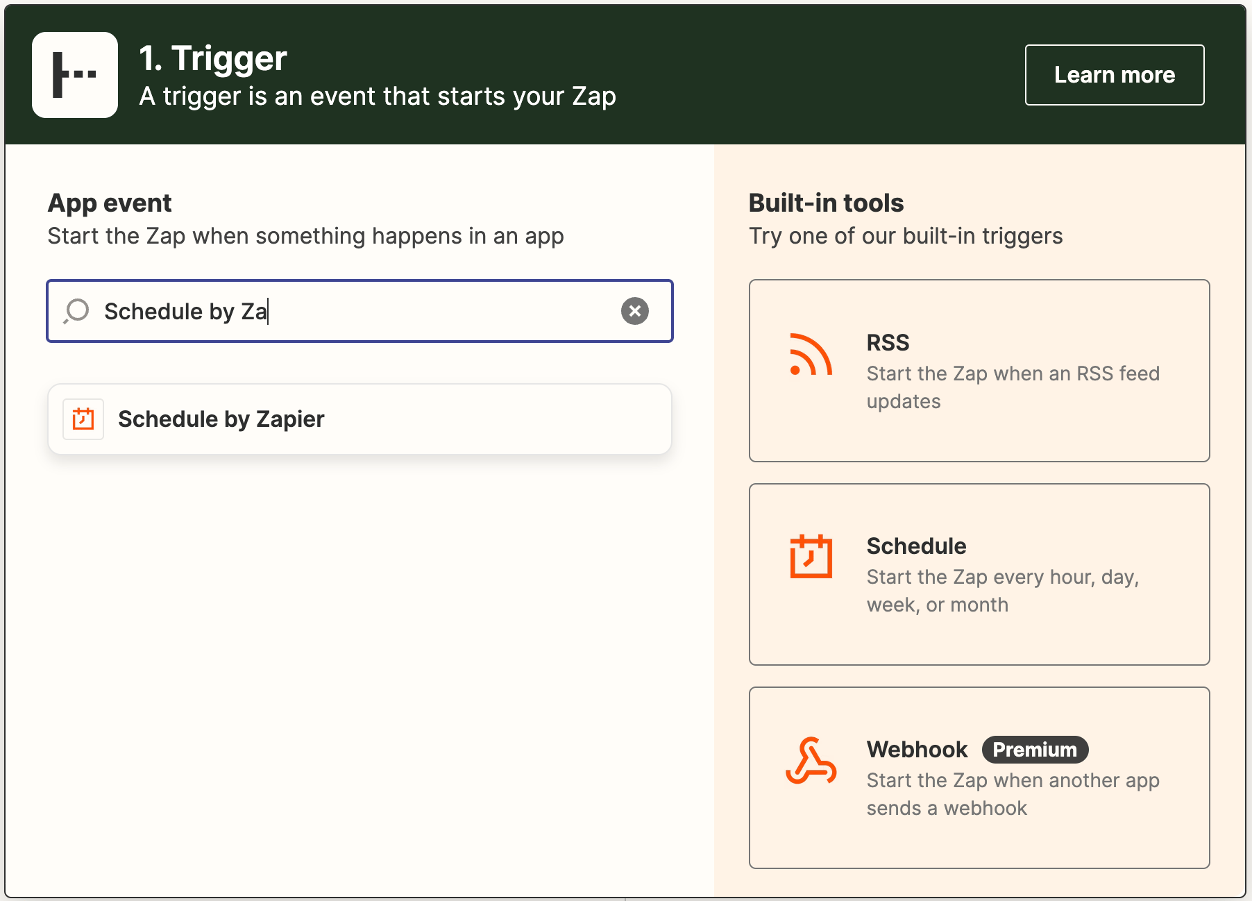 Selecting Schedule by Zapier as the trigger app