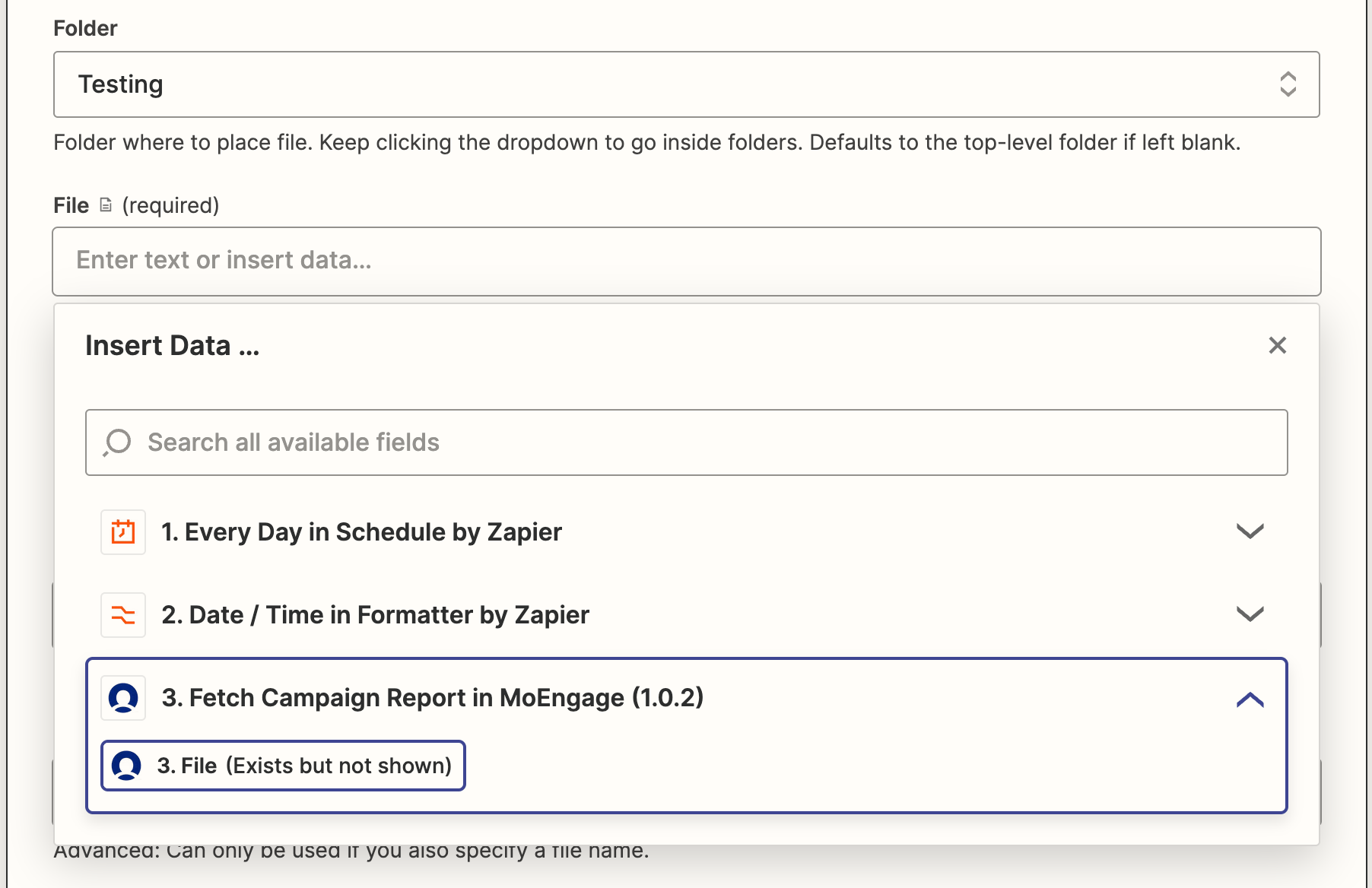 Google Drive Upload File action setup with destination folder selected