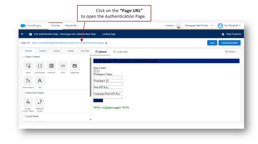 Opening the Page URL to access the Authentication Page