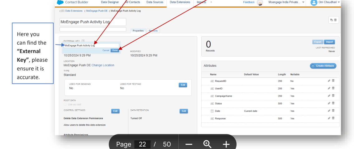 MoEngage Push Activity Log External Key field