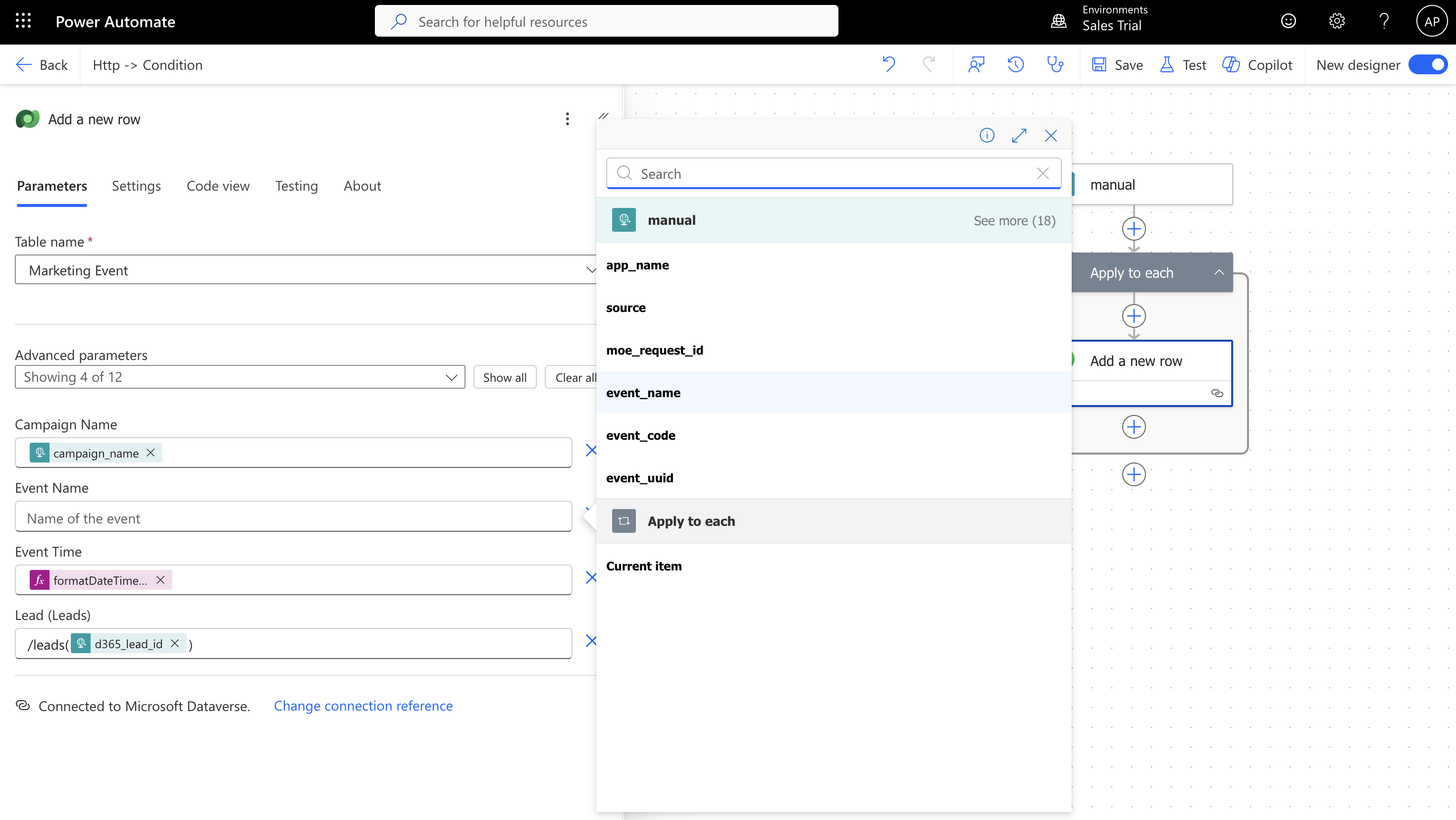 Power Automate Dataverse action with the Event Name field mapped to event_name from dynamic content