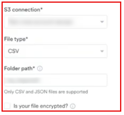 Select Your S3 Bucket Connection panel with connection, file type, folder path, and encryption options