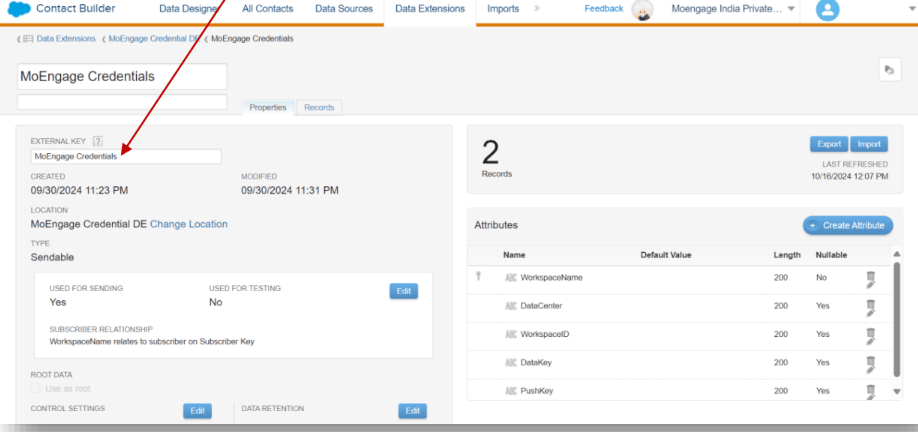 Changing external key of the Credentials Data Extension