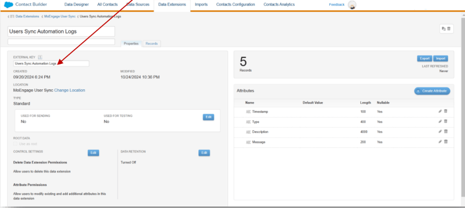 Changing external key of the User Sync Automation Logs Data Extension