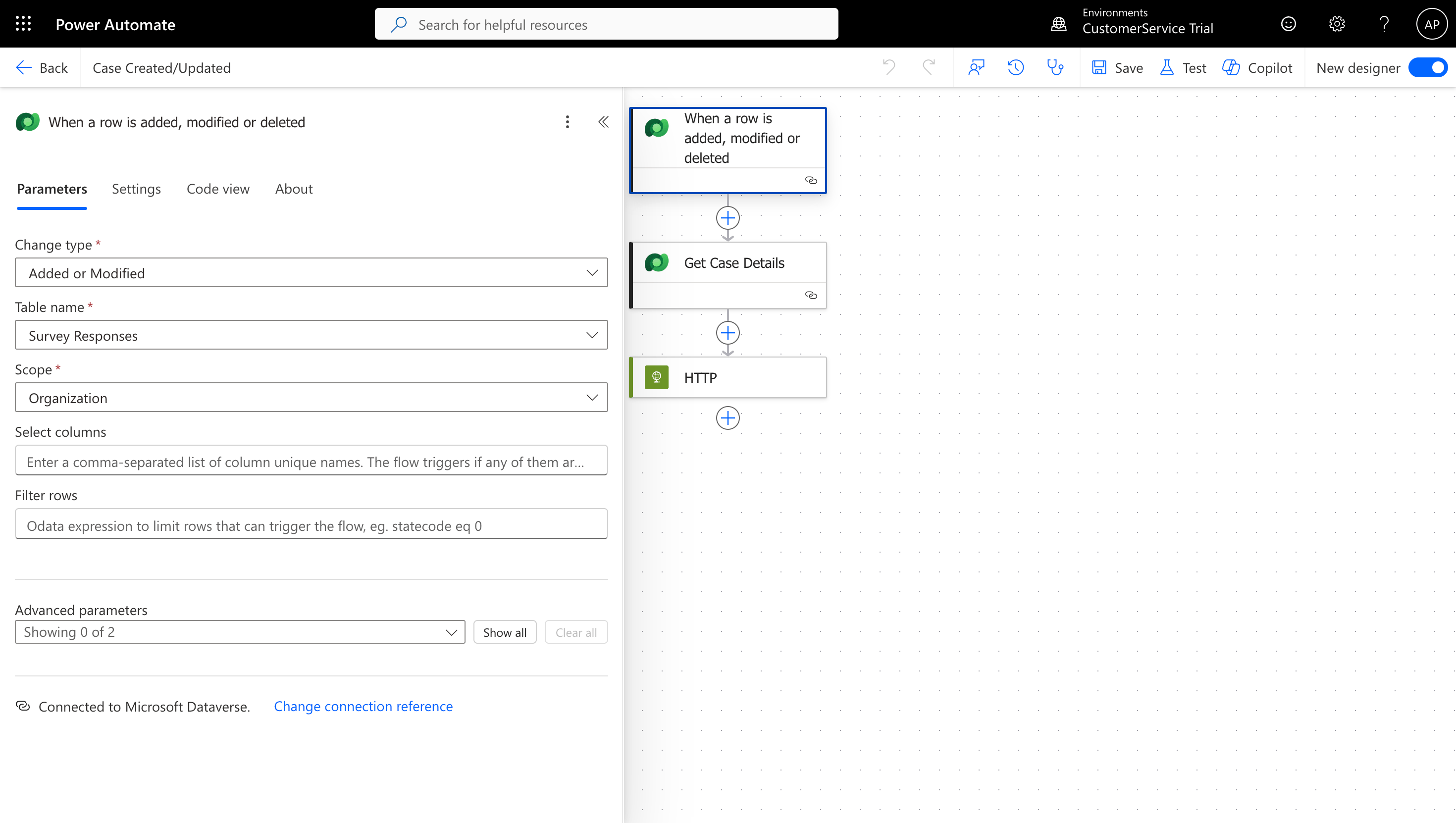 Power Automate flow creation showing the Dataverse trigger configuration