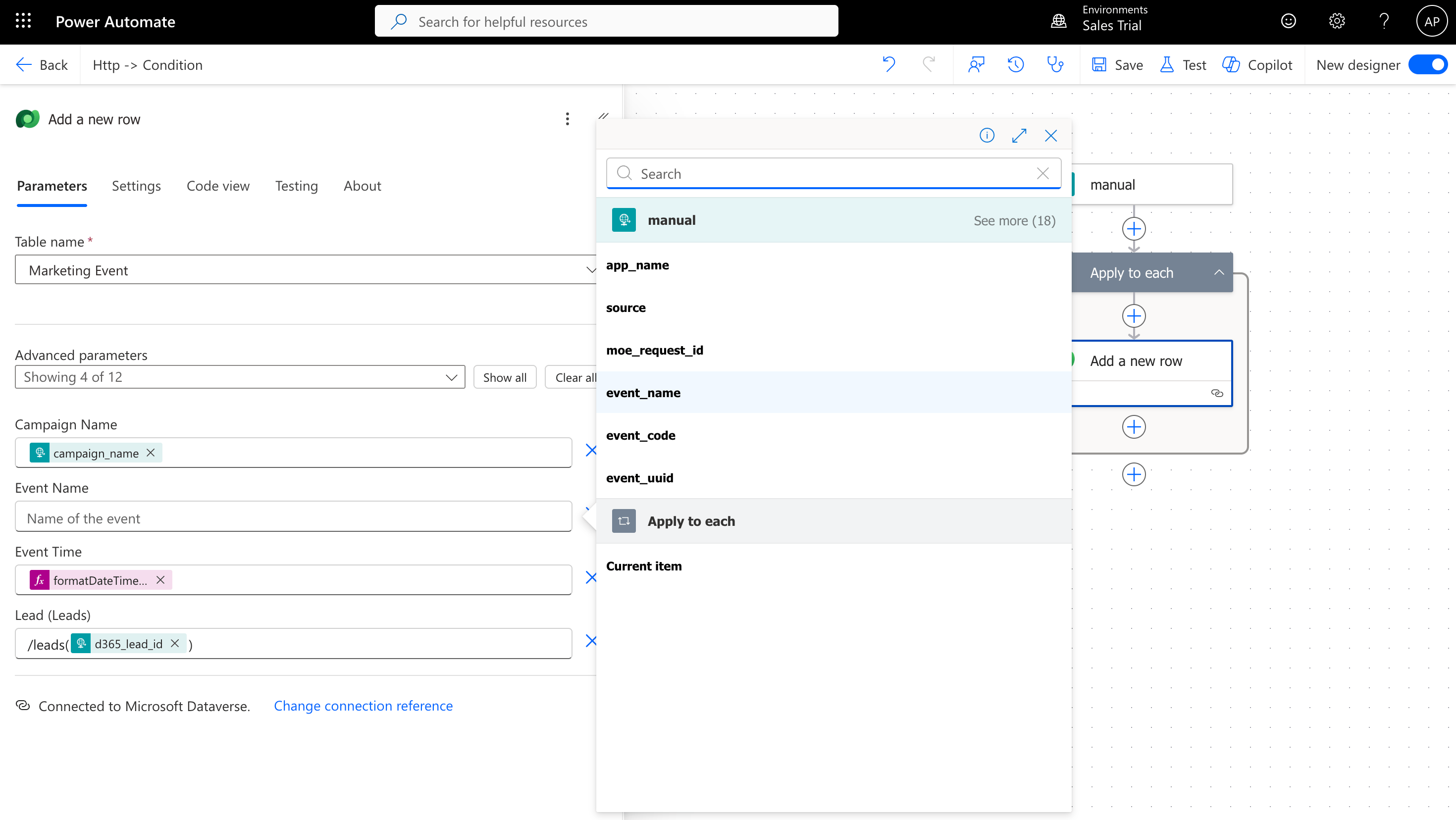 Power Automate Dataverse action with the Event Name field mapped to event_name from dynamic content