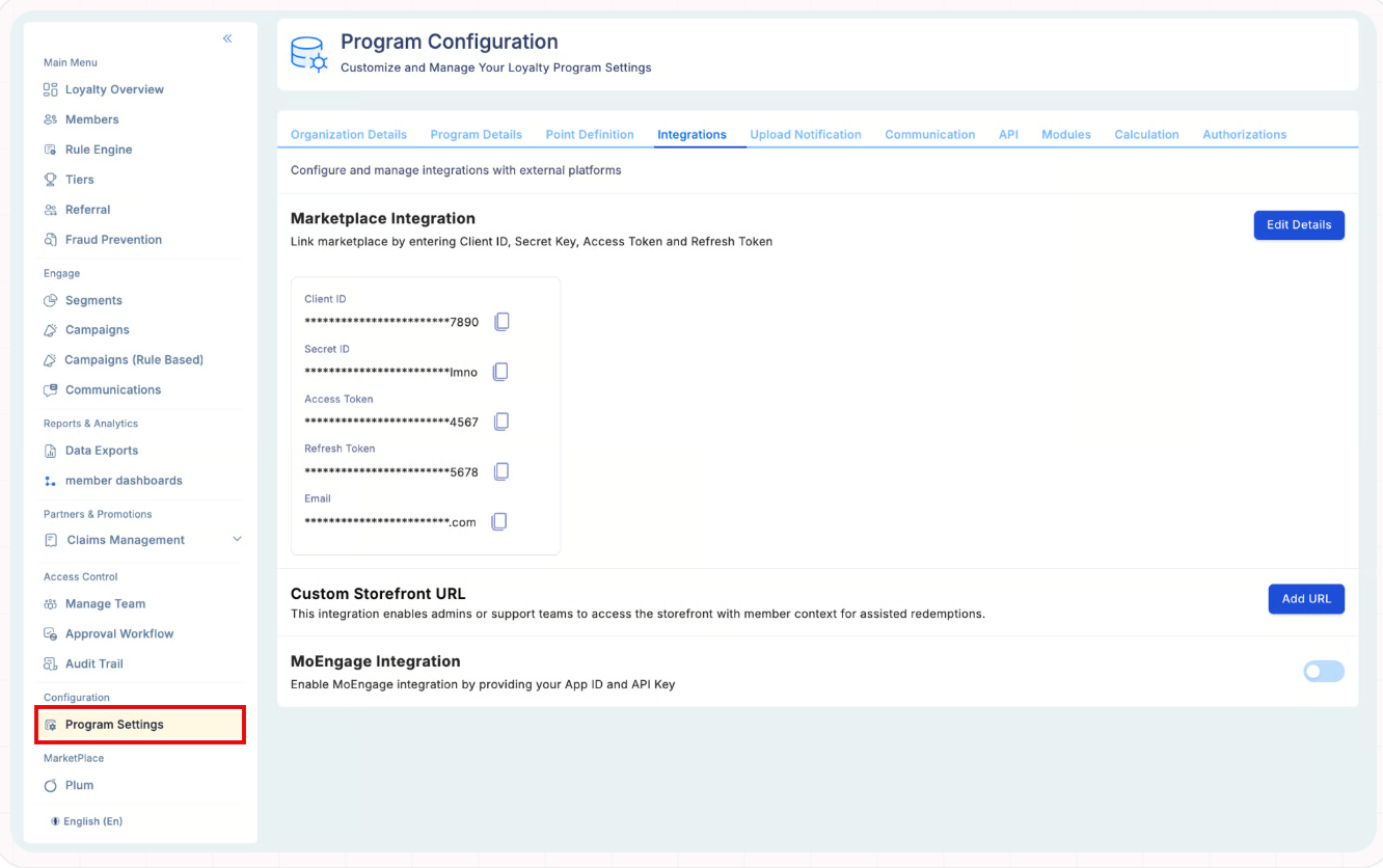 Loyalife Program Settings Integration page