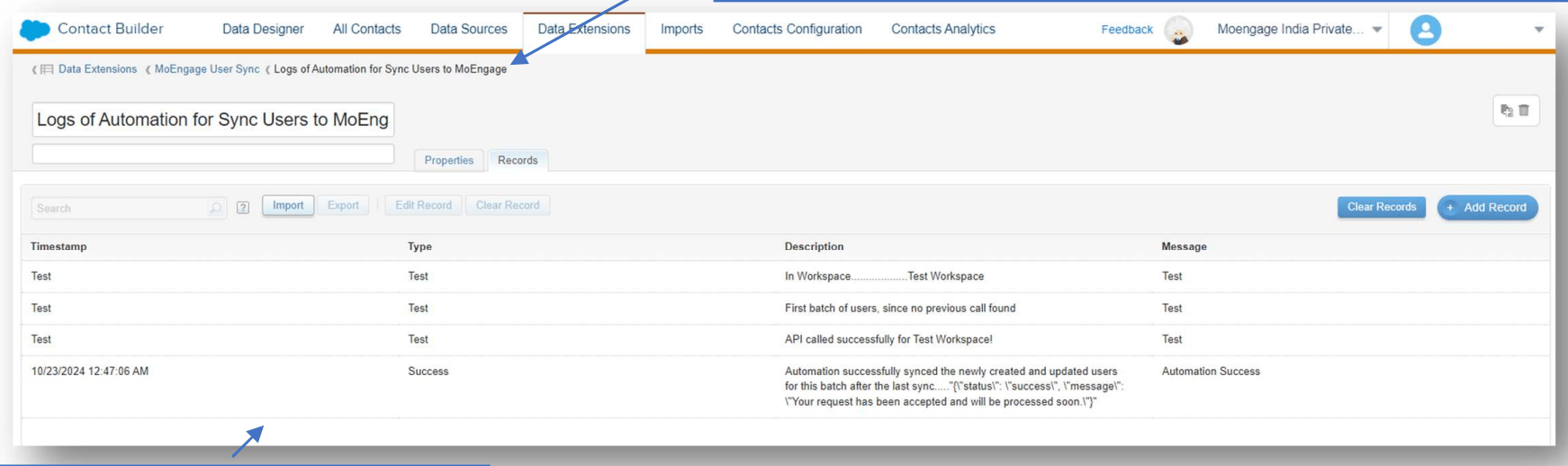 Logs of Automation for Sync Users to MoEngage Data Extension