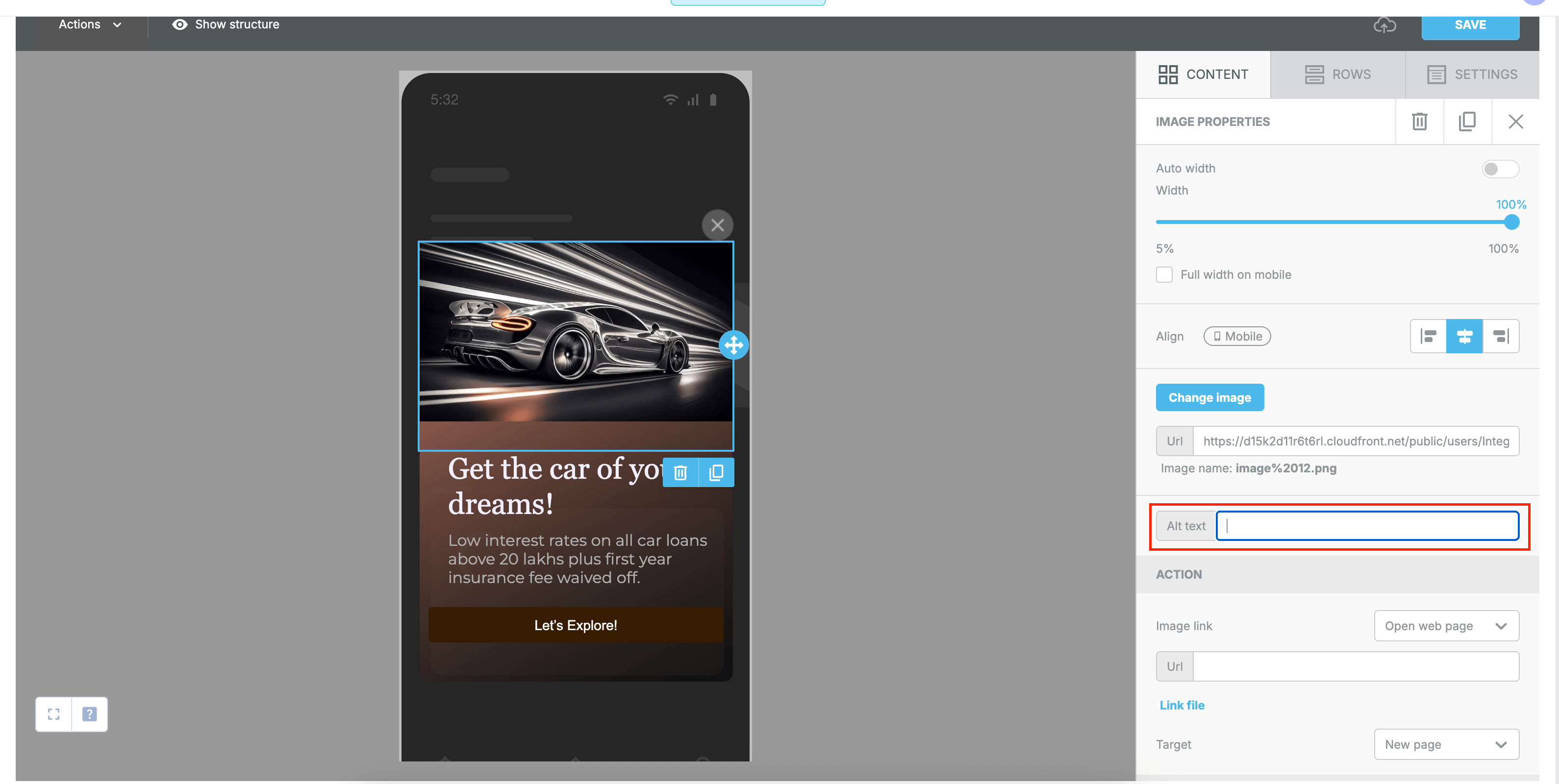 Screenshot showing Alt Text box for an image in the drag-and-drop editor.