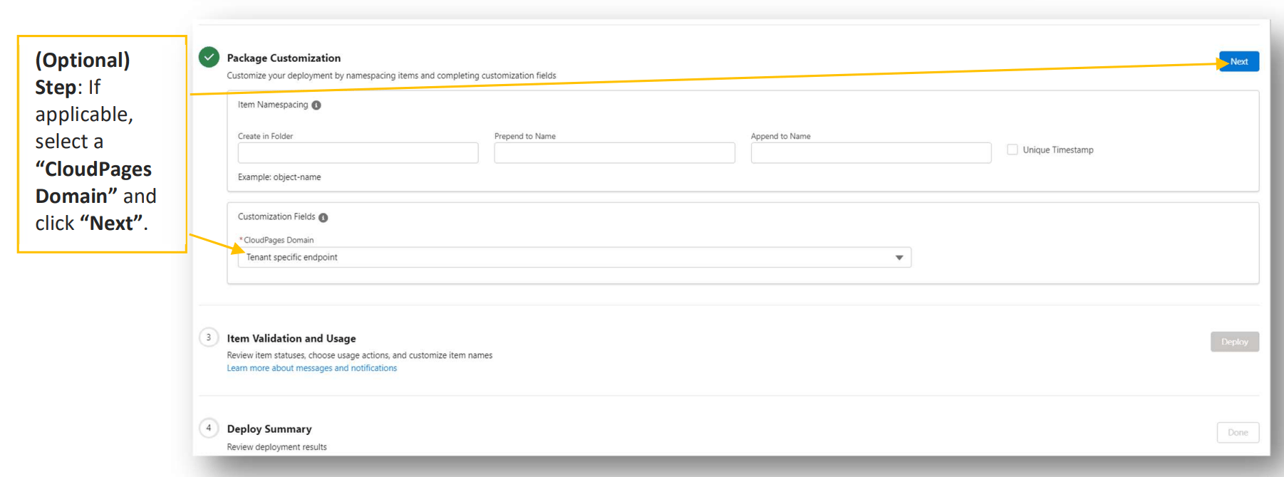 Selecting an optional CloudPages Domain during deployment