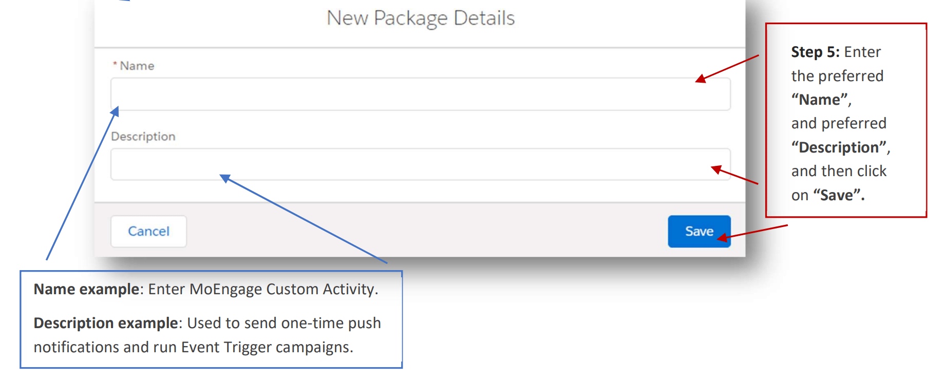 Entering name and description for the MoEngage Custom Activity package
