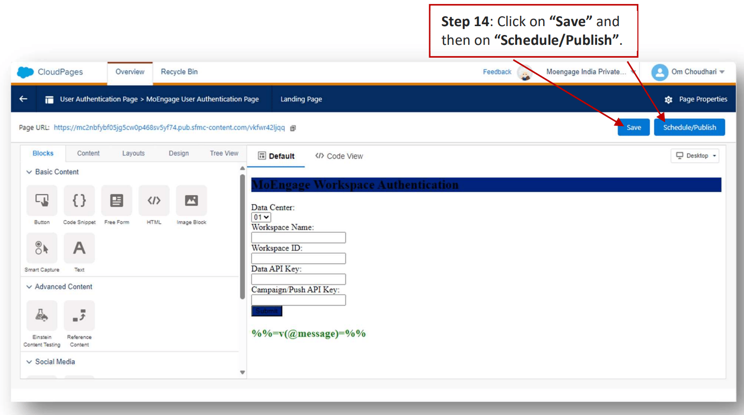 Saving and publishing the User Authentication Page