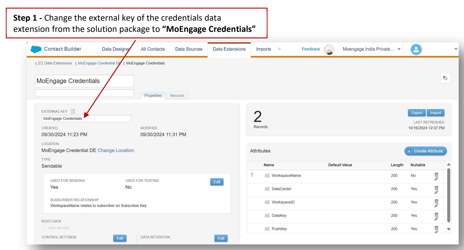 Changing external key of the Credentials Data Extension to MoEngage Credentials