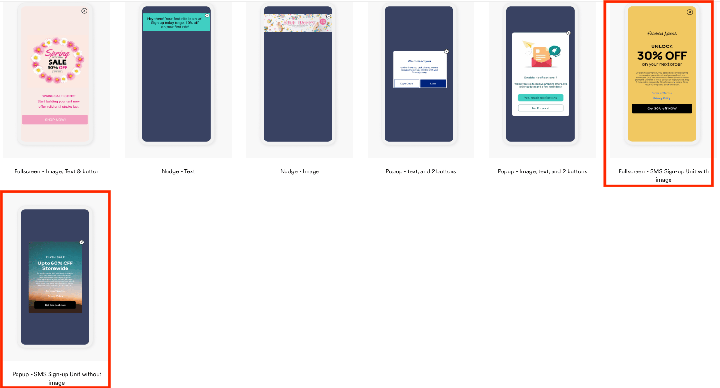Screenshot showing SMS Sign-Up template options.