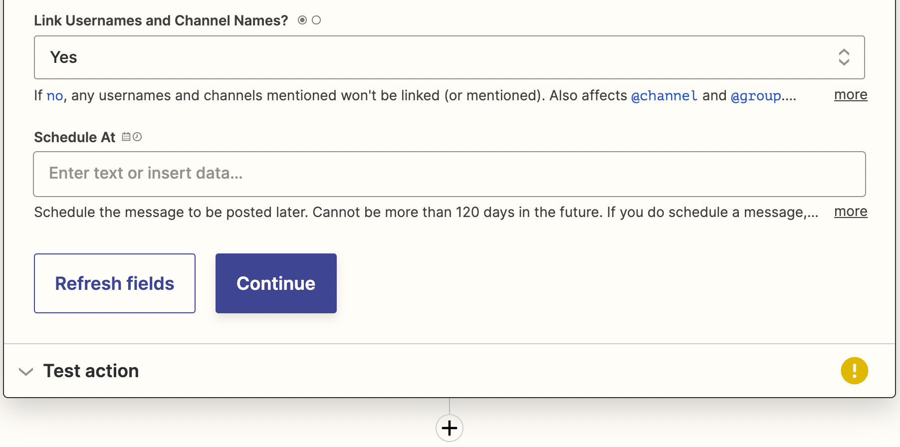 Final Slack action configuration preview