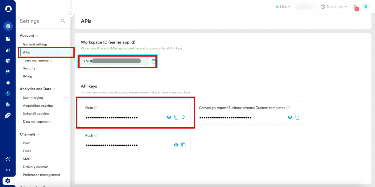 MoEngage Settings page showing the Workspace ID and Data API key fields