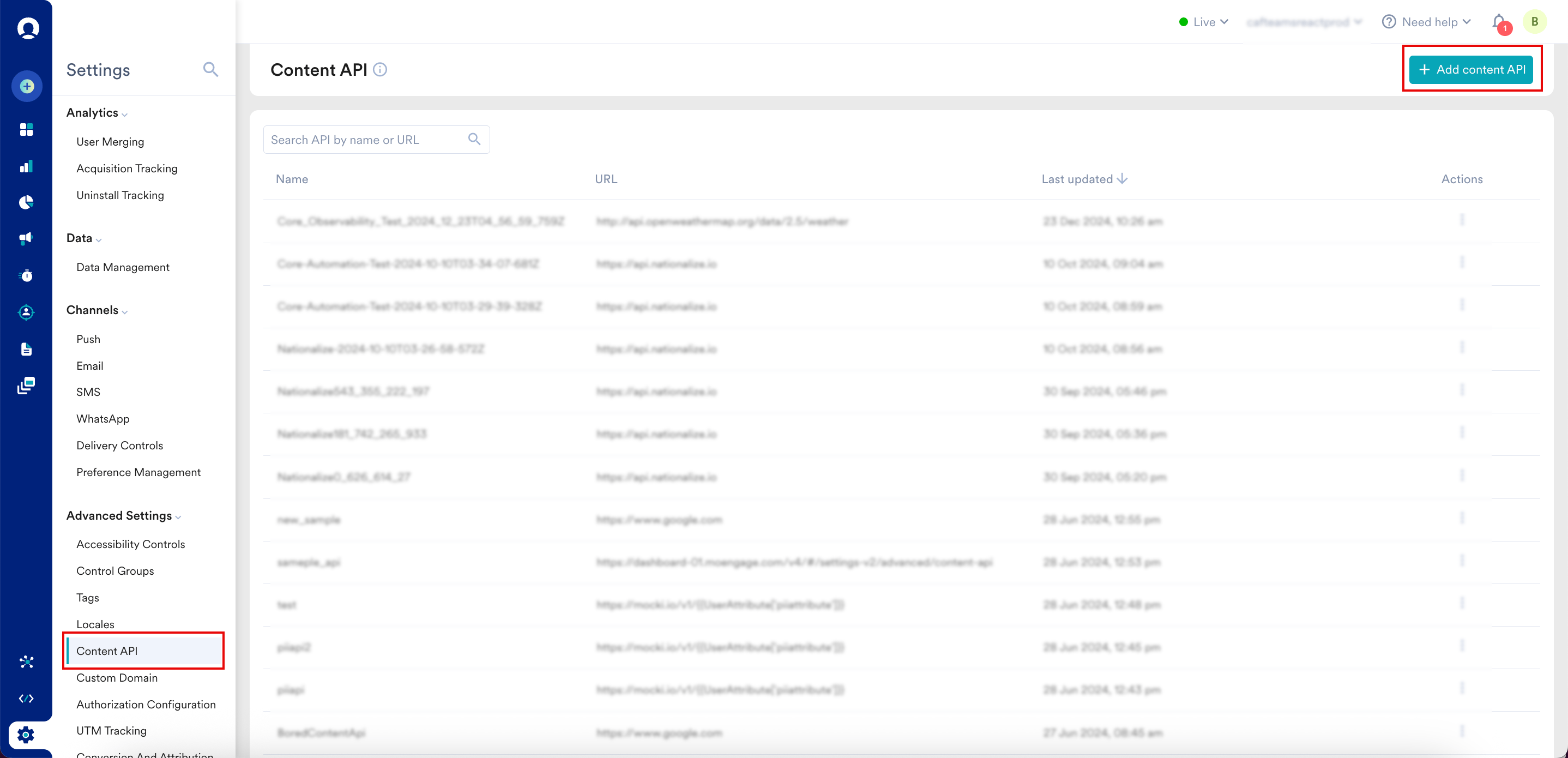 MoEngage Content API list with the Add content API button highlighted