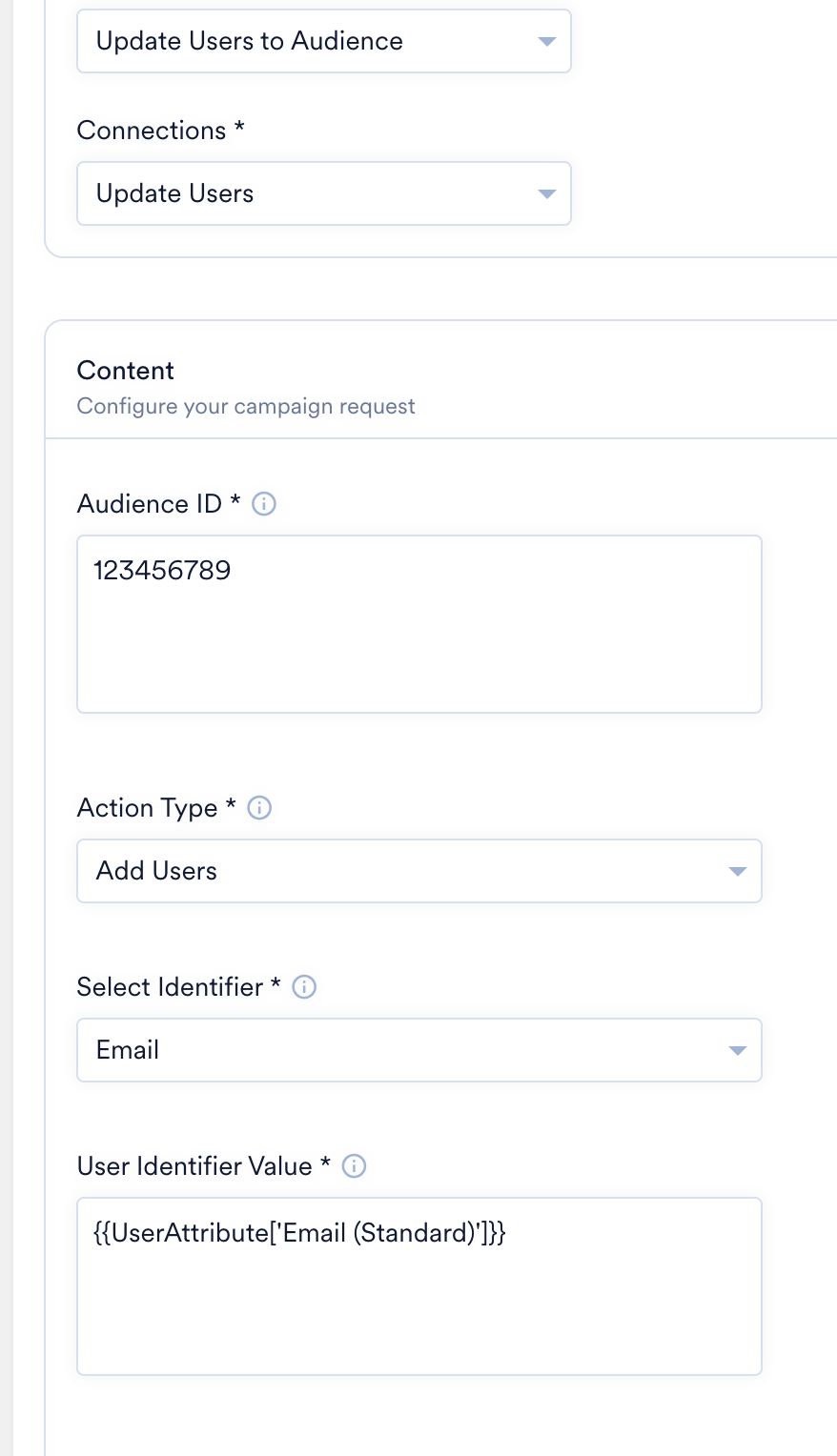 Update Users to Audience connector fields in MoEngage