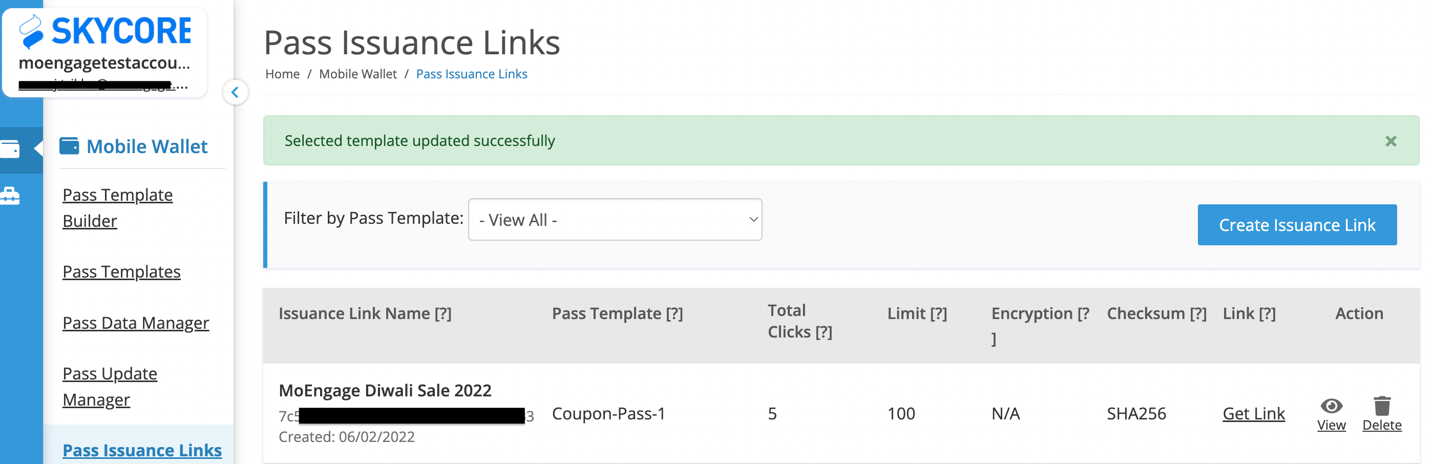 Pass Issuance Links tab on the Skycore dashboard