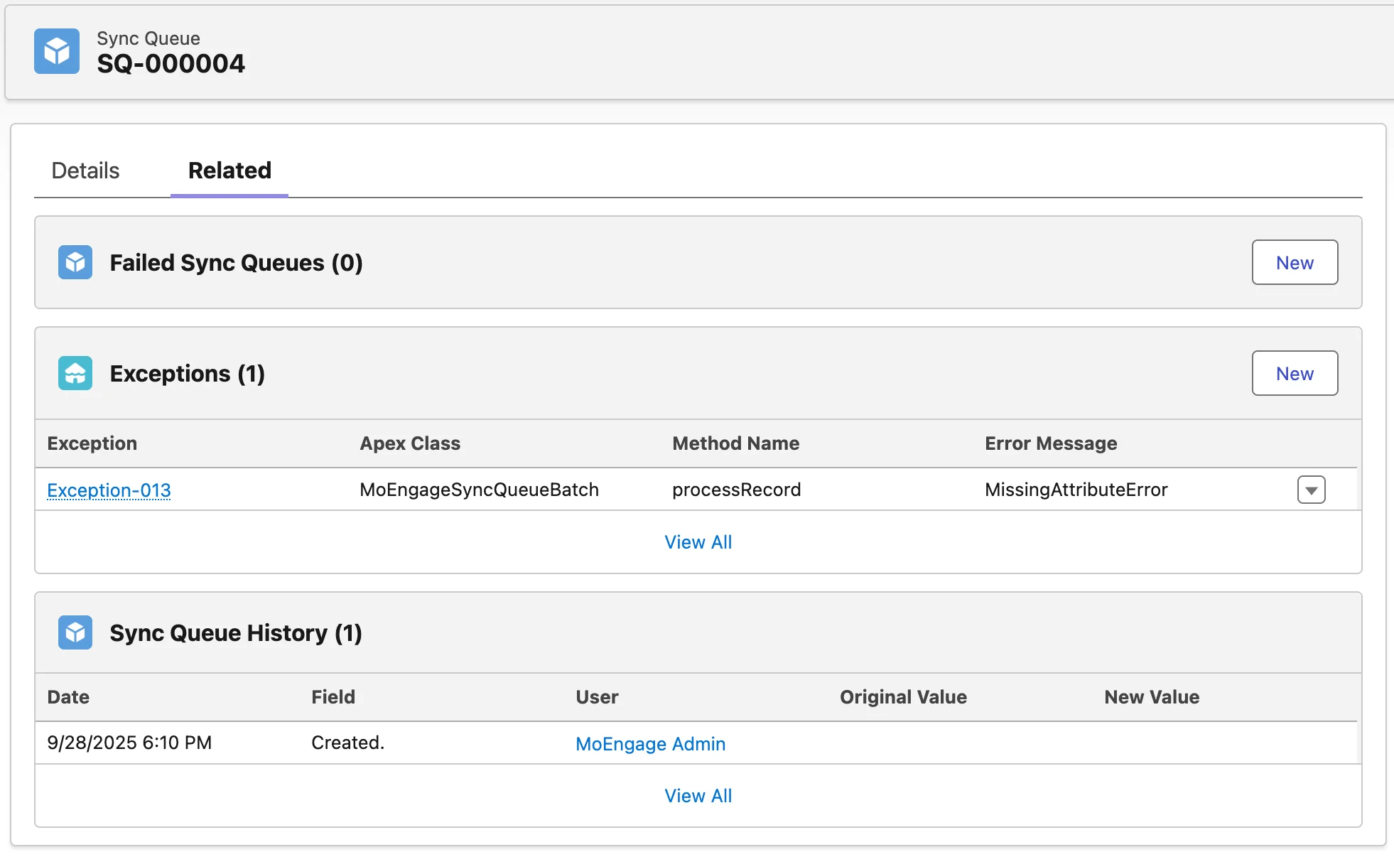 Related records on a Sync Queue record showing failed sync queues and exceptions