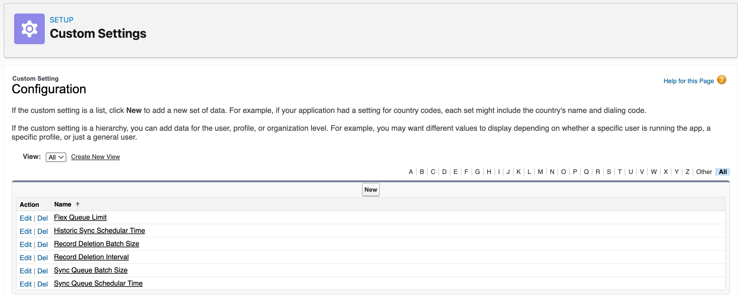 Custom settings configuration page in Salesforce showing six MoEngage app configuration values