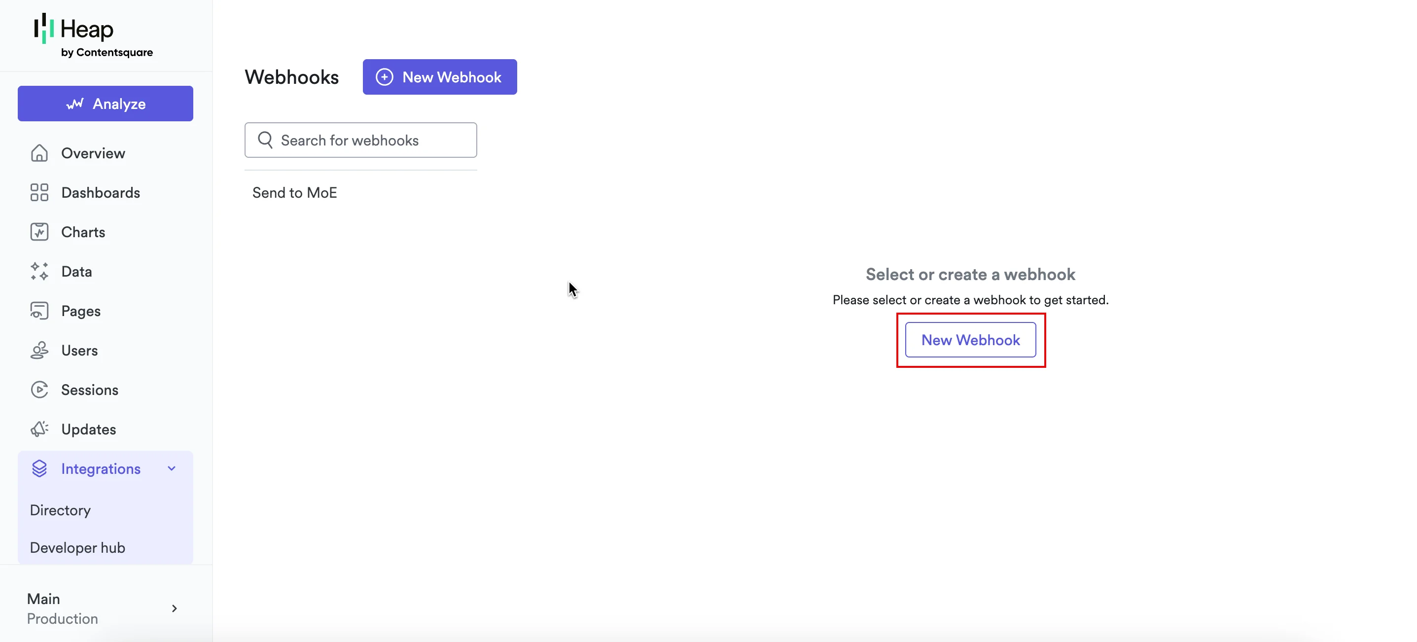 New Webhook button in Heap