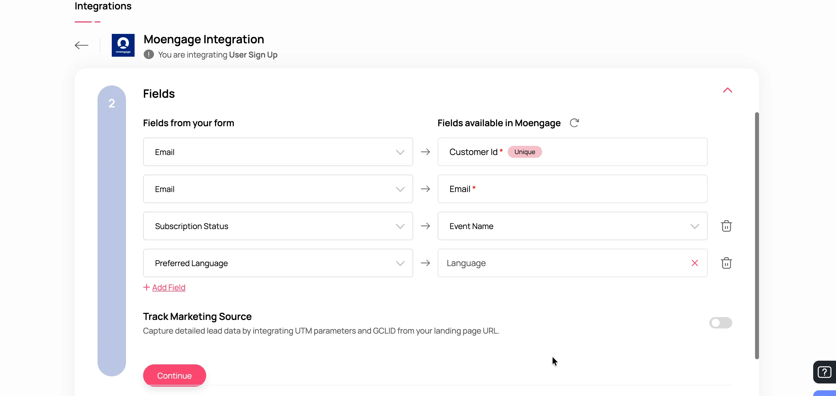Zoho Landing field mapping confirmation showing mapped MoEngage fields