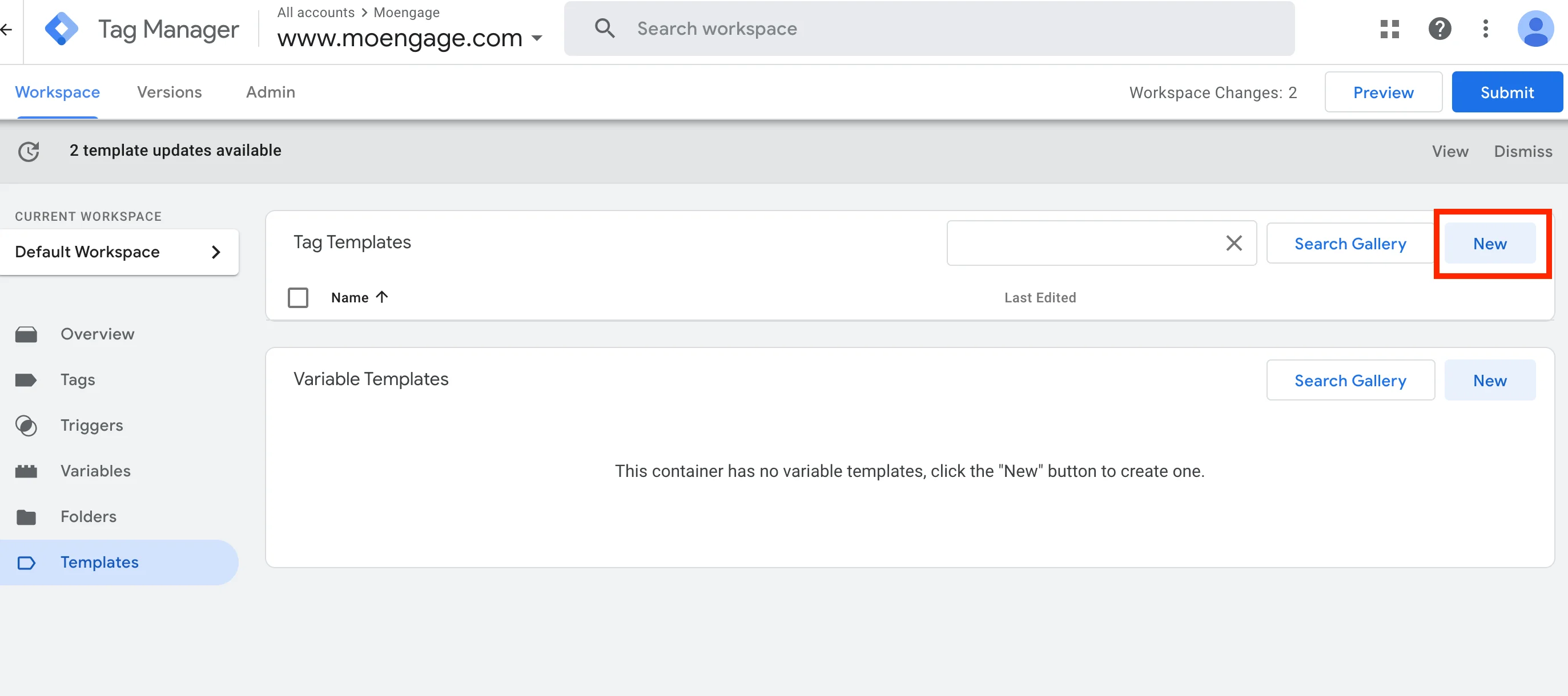 GTM Templates screen showing the Tag Templates section