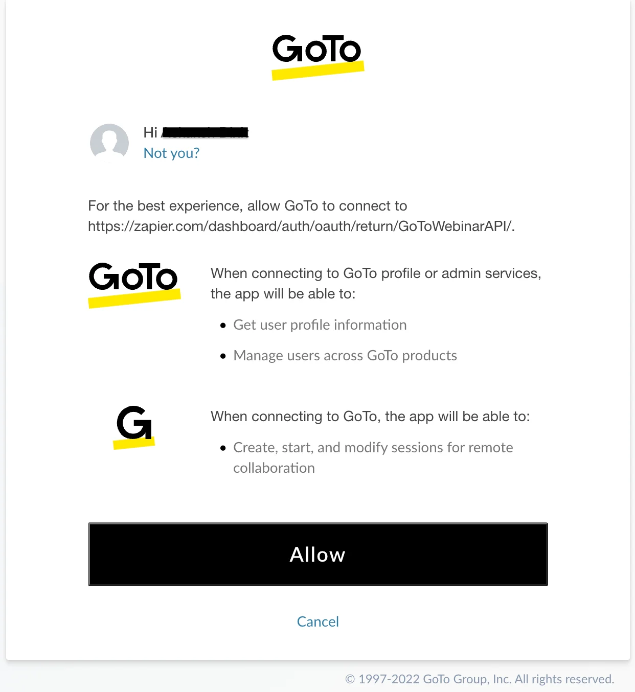 Connecting and authorising GoTo Webinar with Zapier