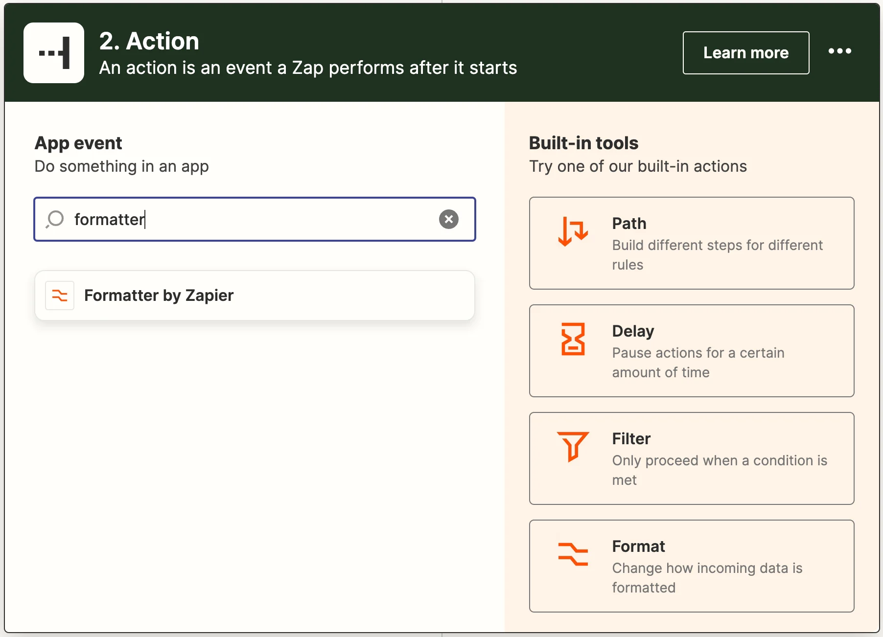 Adding Formatter by Zapier as the next action step