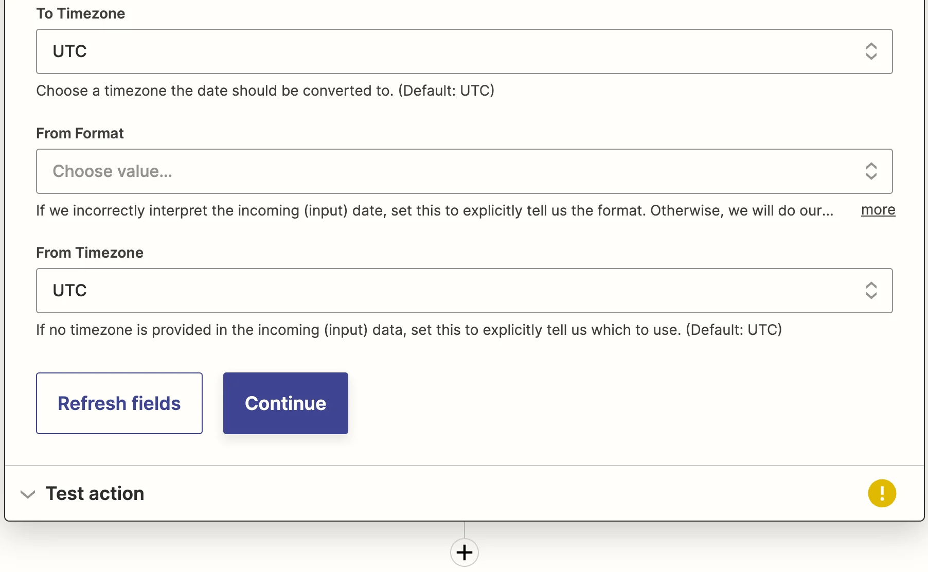 Formatter by Zapier action setup with input mapped from Schedule trigger