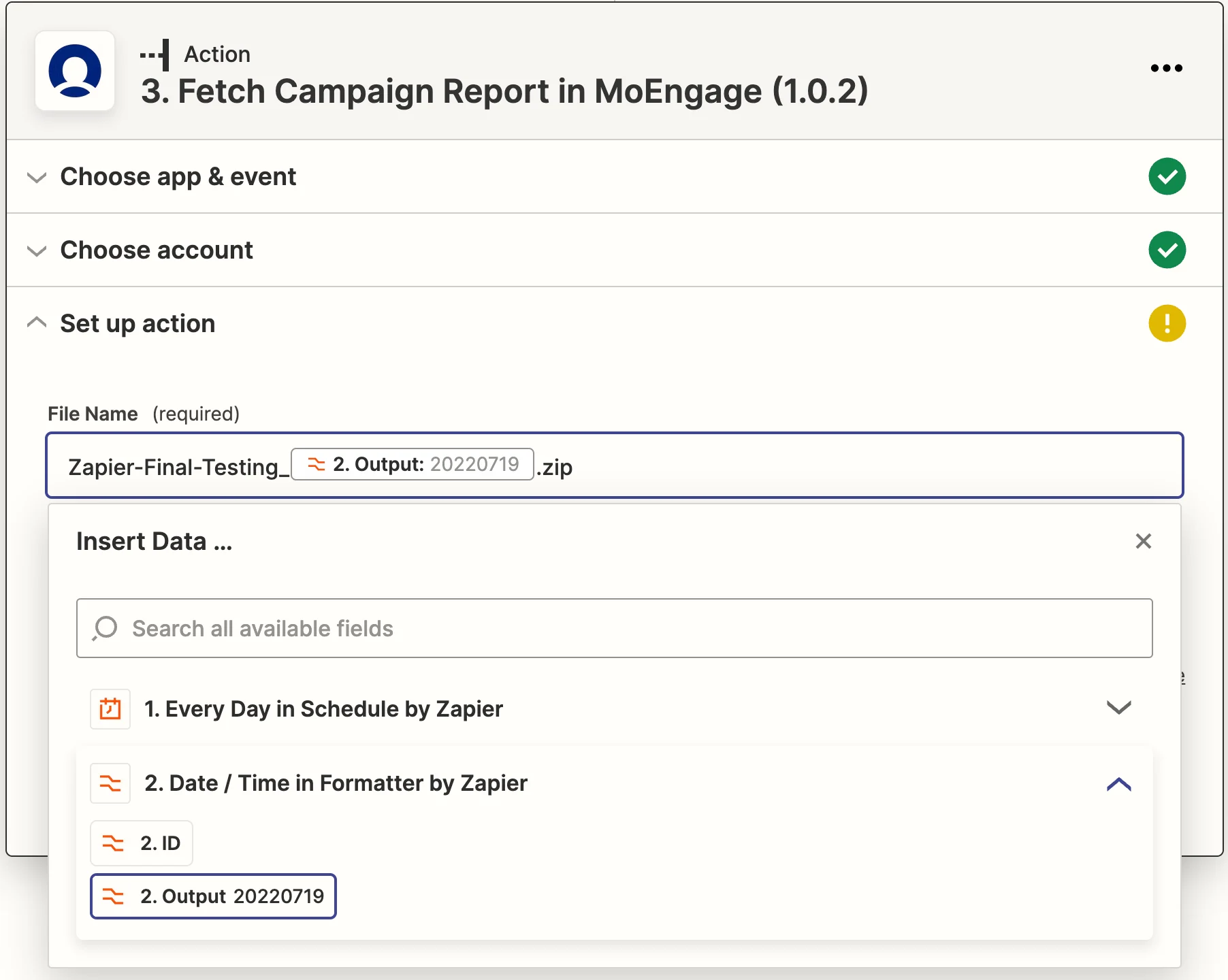 Fetch Campaign Report action setup with File Name and API Secret fields