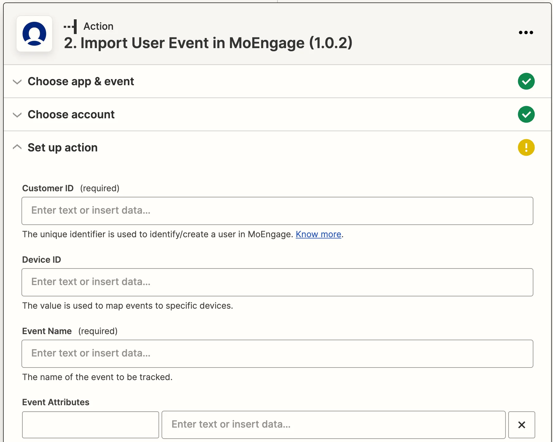 Import User Event action setup with form fields