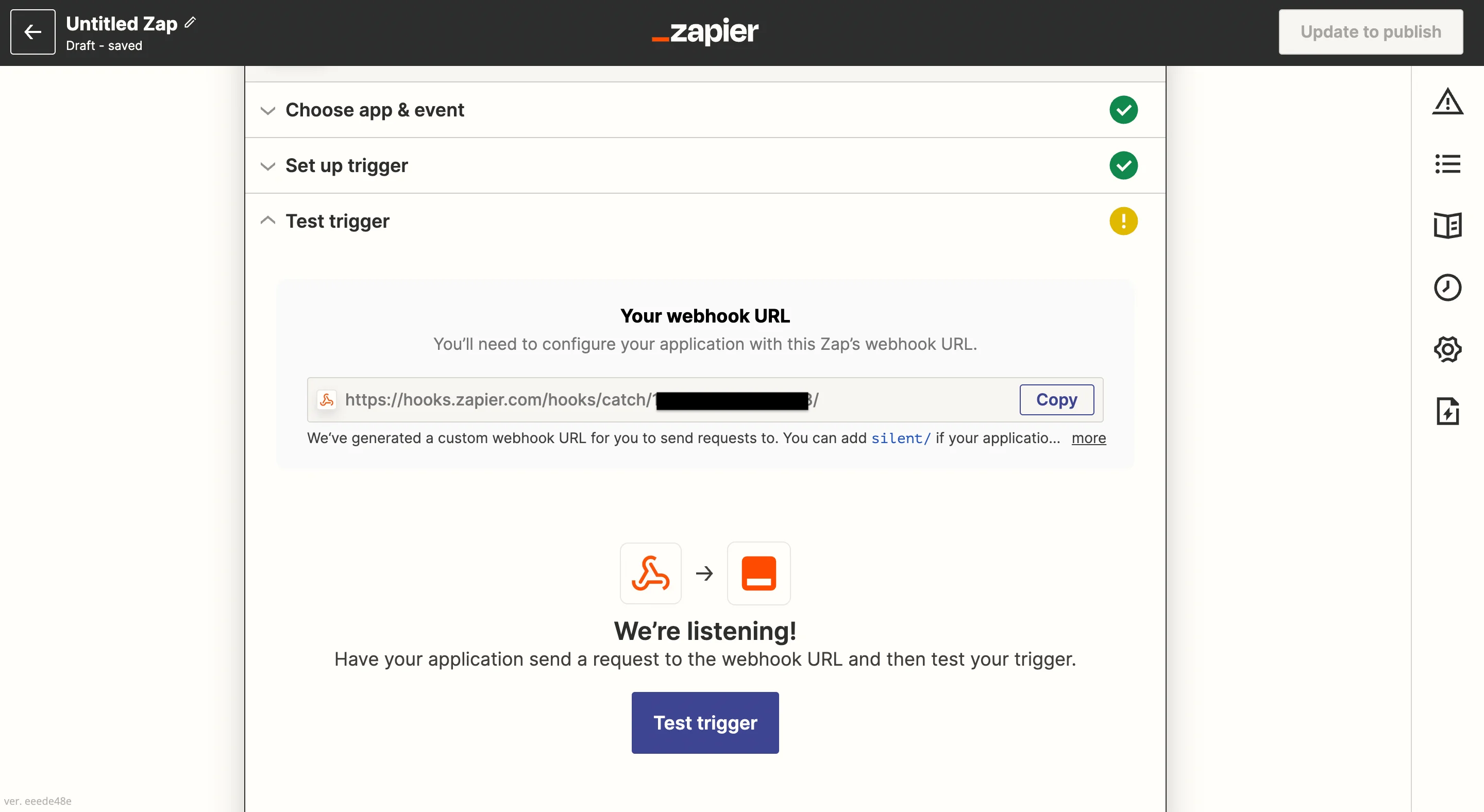 Unique Webhook URL displayed in Zapier setup