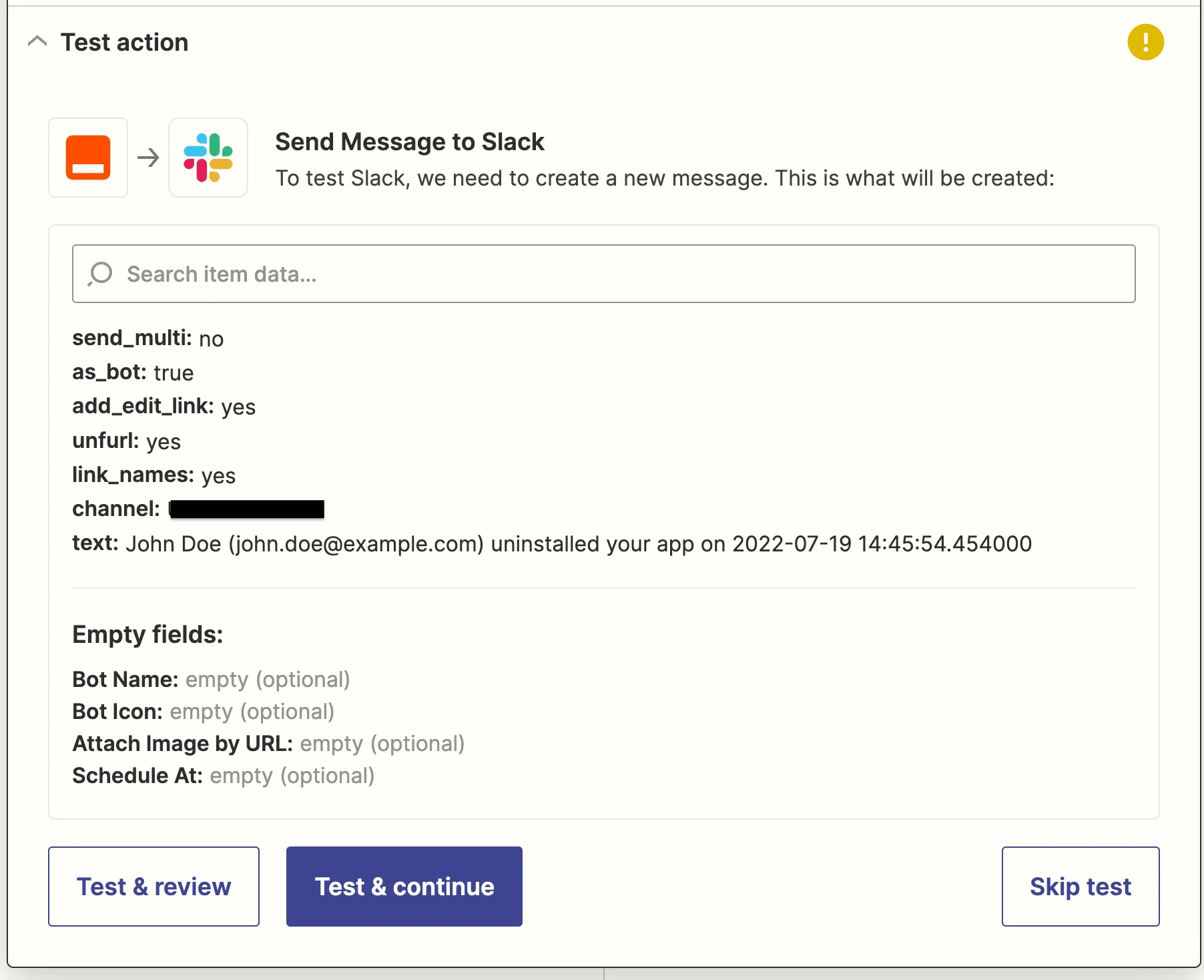 Option to test Slack action setup