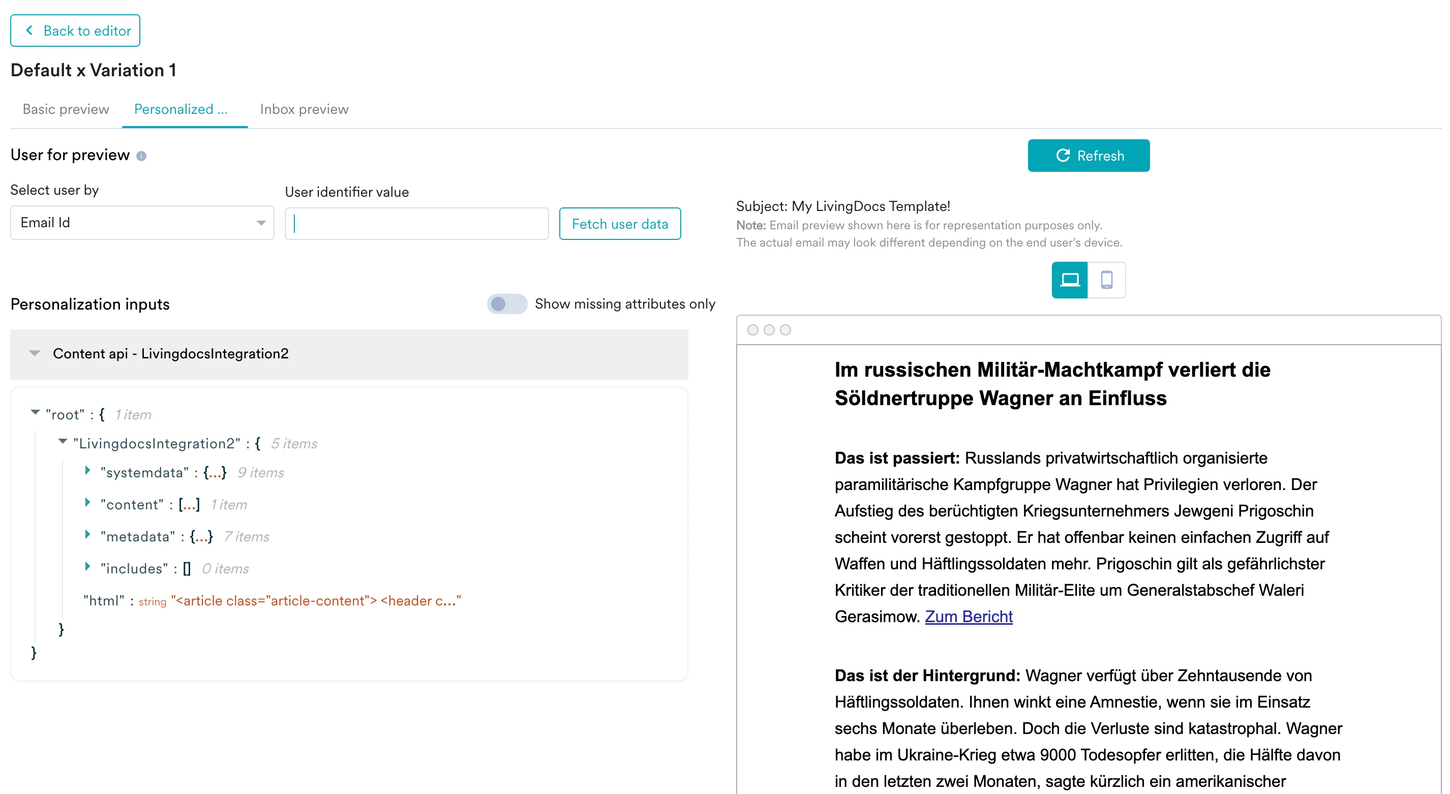 Personalized preview showing the Livingdocs template rendered in the campaign