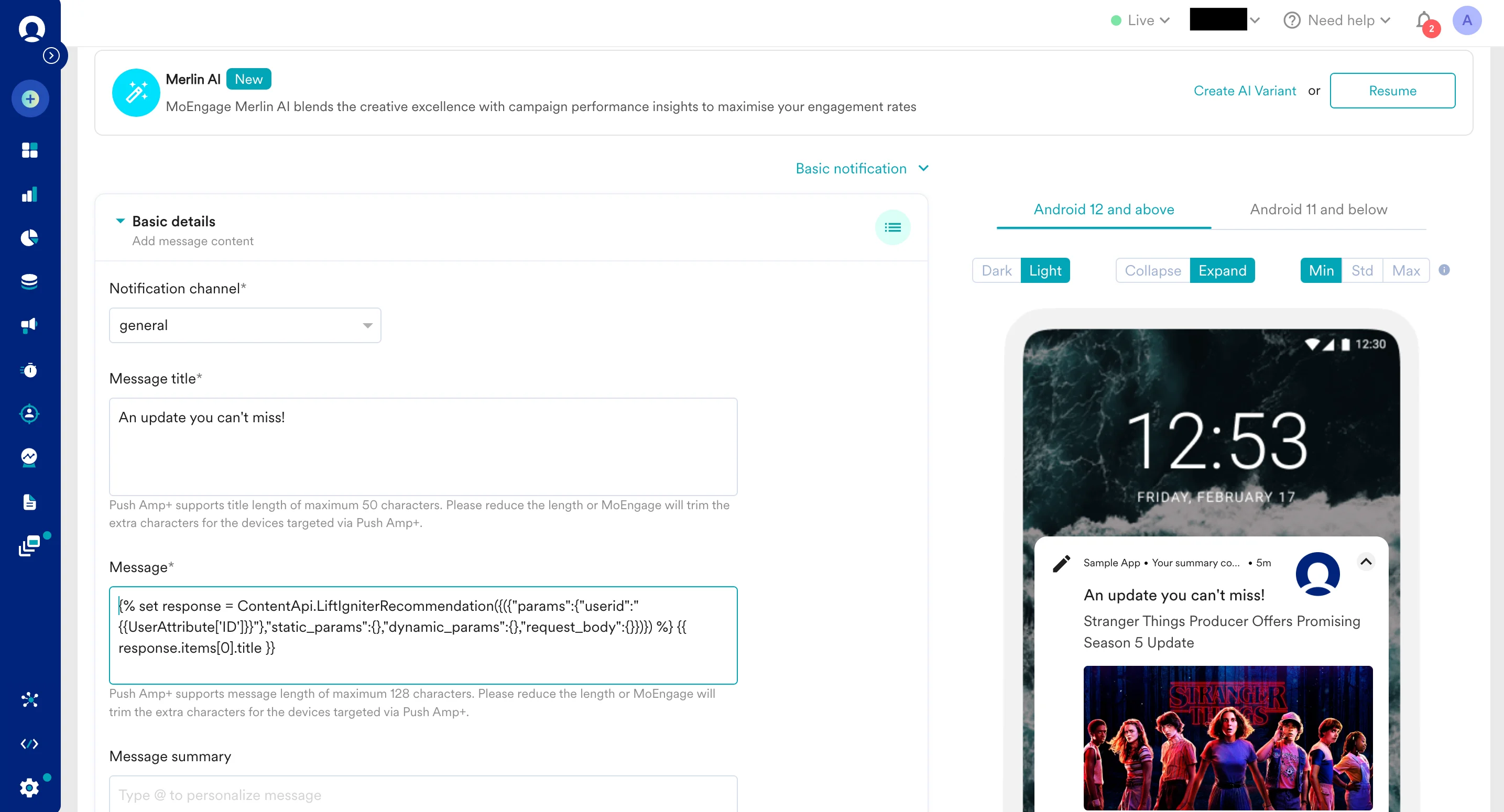Personalized preview tab in MoEngage showing the rendered LiftIgniter recommendations