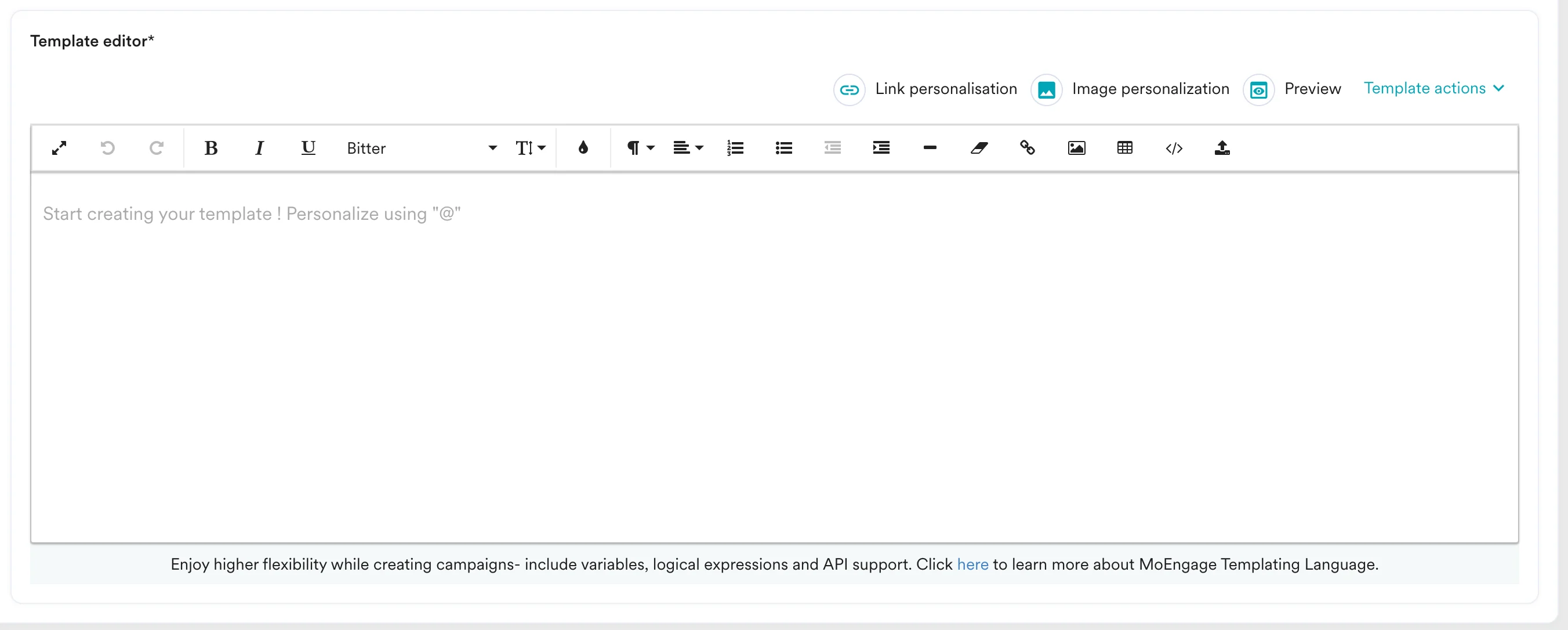 MoEngage email campaign step 2 with the Custom HTML editor template selected