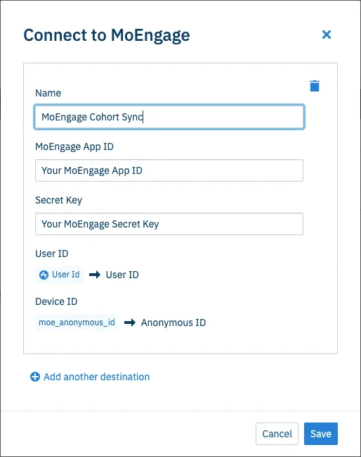 Add MoEngage as a destination popup in Amplitude