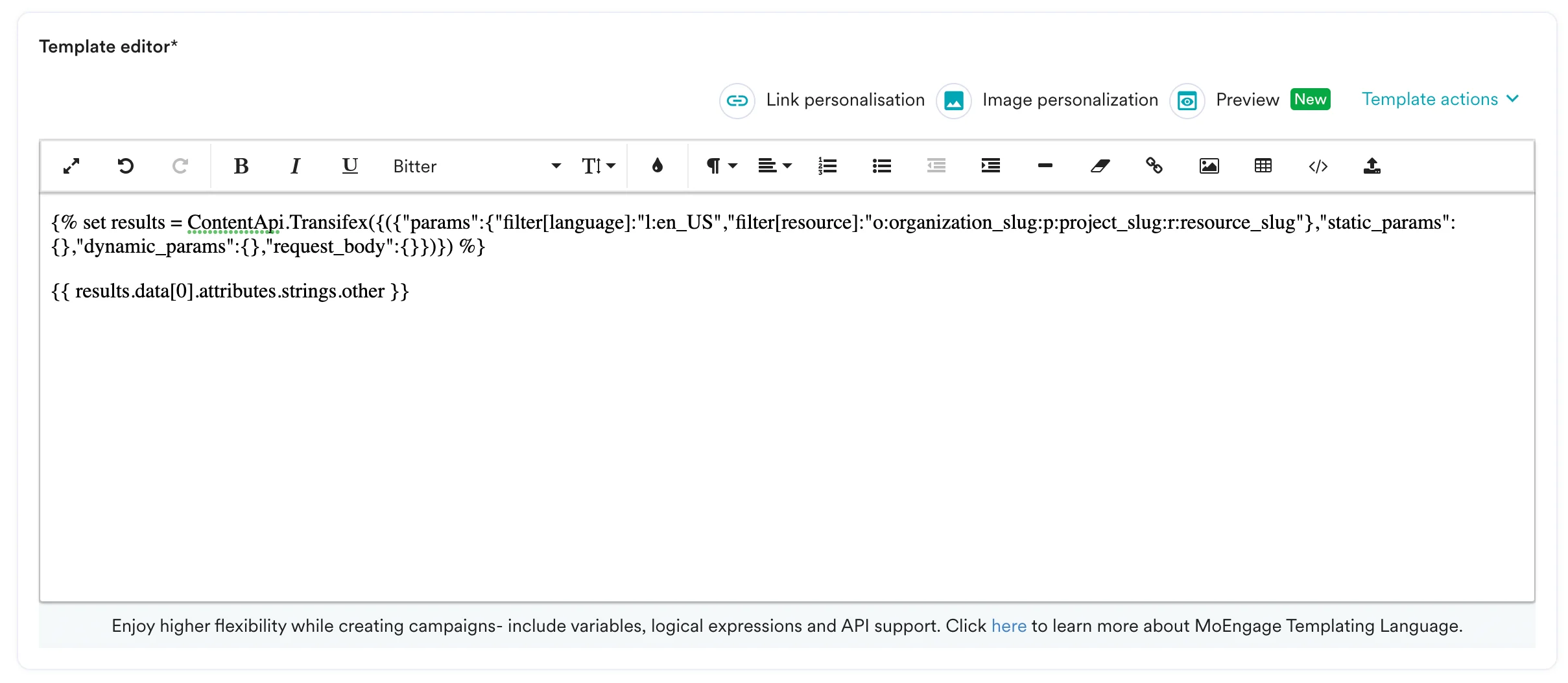 MoEngage editor with Transifex translations being inserted using JINJA